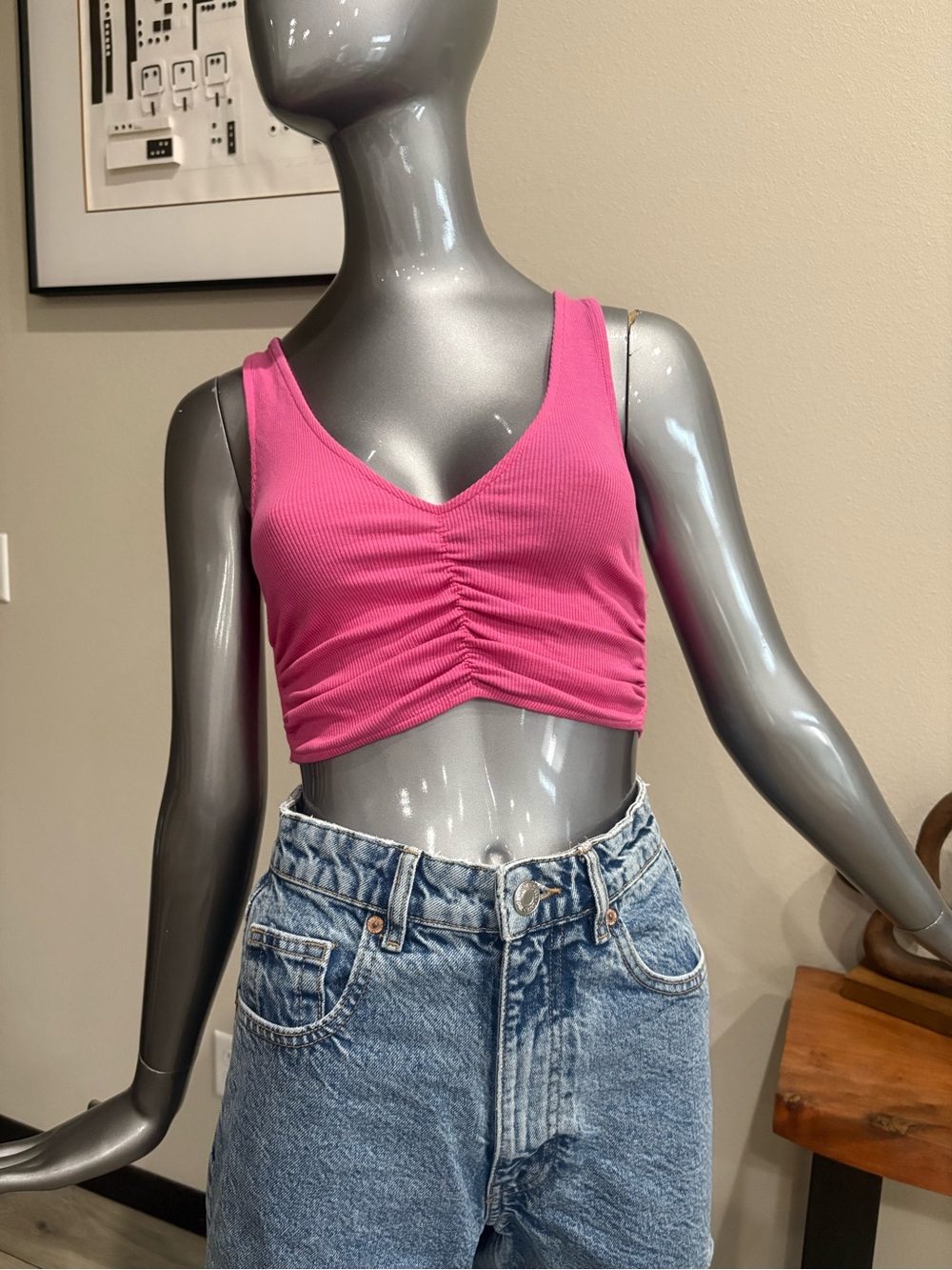 Zara Hot Pink Ruched V-Neck Crop Top
